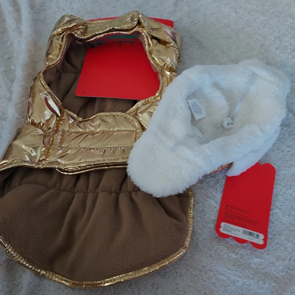 Boots & Barkley Large Chic Gold Dog Puffer Jacket Vest and Hat Outfit
